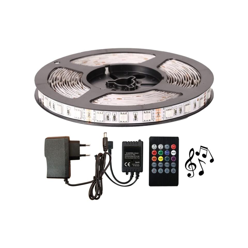 RGB Şerit Led Sese ve Müziğe Duyarlı 5050 Smd 3Çip Set 5 Metre - İç Mekan (Slikonsuz)