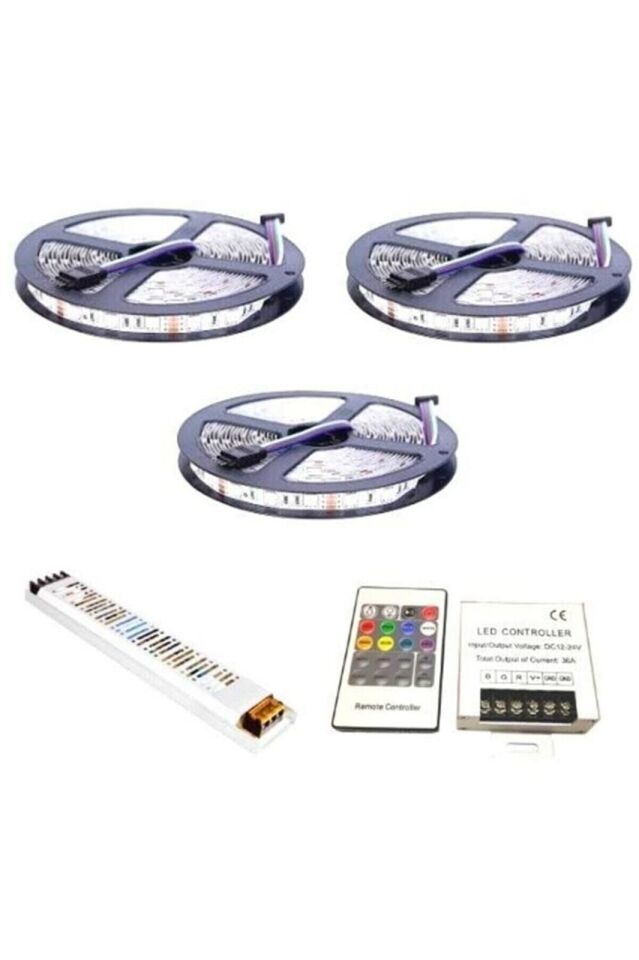 RGB Şerit Led Set 12V 5050 Üç Çipli 15-20-25-30m 24 Amper RF Dokunmatik - 15 Metre - İç Mekan (Slikonsuz)