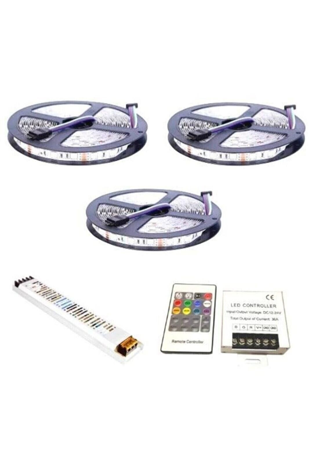 RGB Şerit Led Set 12V 5050 Üç Çipli 15-20-25-30m 24 Amper RF Tuşlu - 30 Metre - İç Mekan (Slikonsuz)