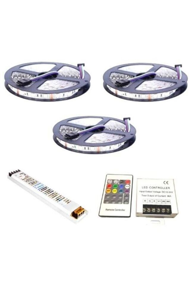 RGB Şerit Led Set 12V 5050 Üç Çipli 15-20-25-30m 16 Amper Ses Ve Müzikli RF - 30 Metre - İç Mekan (Slikonsuz)